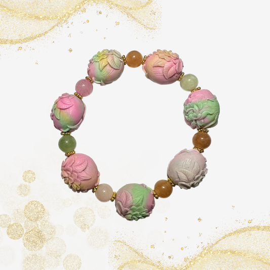 玛瑙牡丹花桶珠手串 Agate Peony Flower Beads Bracelet