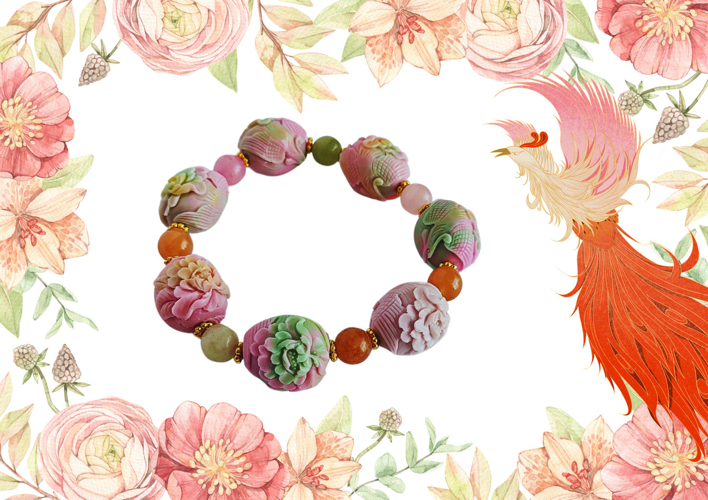 玛瑙牡丹花桶珠手串 Agate Peony Flower Beads Bracelet