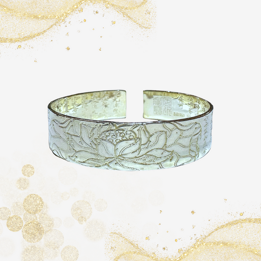 纯银莲花心经手镯 999 Silver Lotus Heart Sutra Bangle